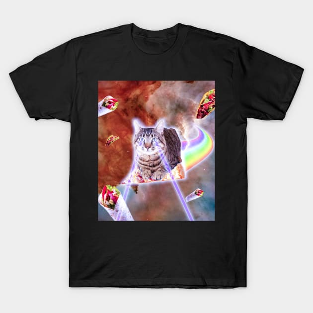 Laser Eyes Space Cat Riding Rainbow Pizza T-Shirt by Random Galaxy